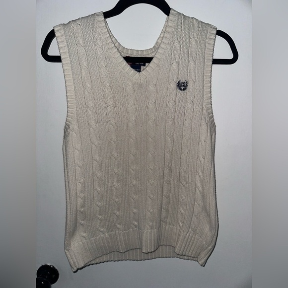 Cream Cable Knit Sweater Logo Preppy Vest Large 14/16 #1773 - Picture 1 of 5